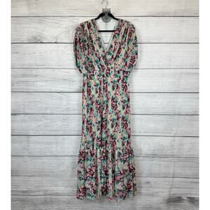 Express Women's Teal & Pink Pleated Floral Short Sleeve Maxi Dress Size Large